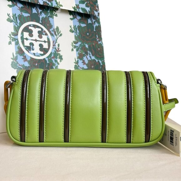 Tory Burch Bombe Kira Stripe Flap Bag Green Leather With Silver Hardware - Picture 8 of 13